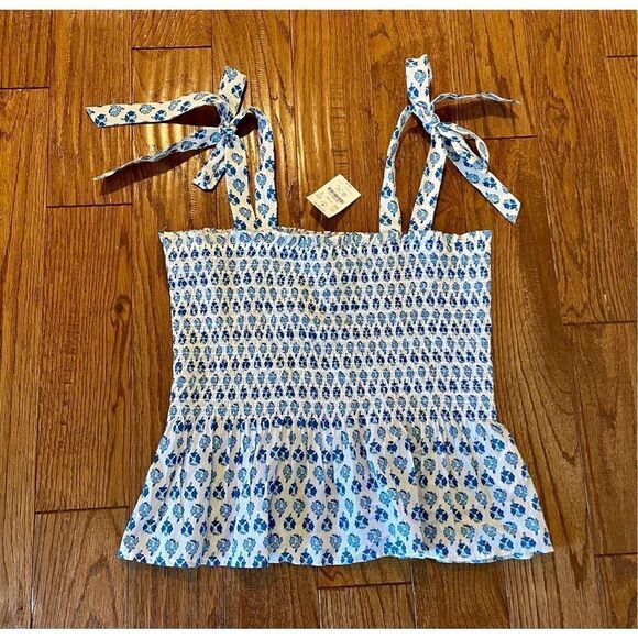 J. Crew NWT blue printed smocked waist tie strap tank - Picture 3 of 8